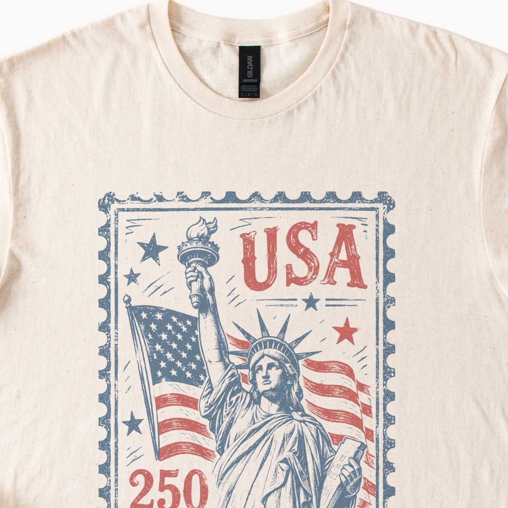 USA 250 Patriotic Torch Stamp Graphic Tee Vintage Americana